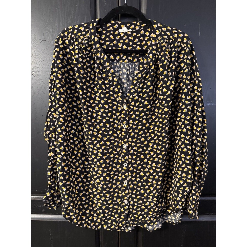Jodifl Black Yellow Lemon Fruit Print Woven V-Neck 3/4 Sleeve Blouse M G5536-2 - Picture 2 of 6